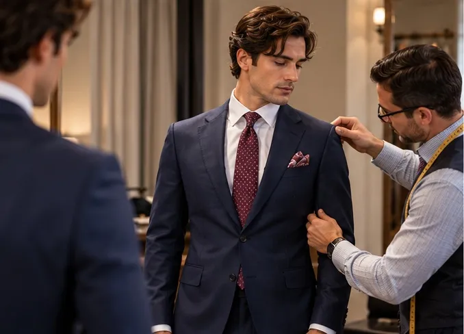 A tailor is measuring and adjusting the sleeve of a navy suit jacket on a male client, emphasizing the importance of proper fit and tailoring for shorter men.