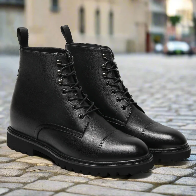Mens' Dress Boots With High Heels - Black Leather Derby Boots 8CM / 3.15  Inches