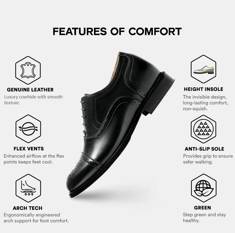 Men's Height Increasing Dress Shoes - Black Calfskin Elevator Shoes For Men  2.36 Inches / 6 CM