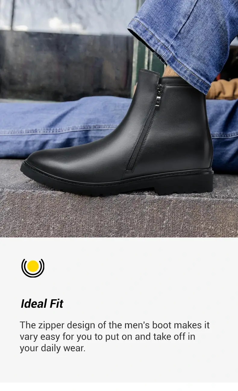 Elevator Boots For Men - Mens Boots That Make You Look Taller - Black Side Zipper Boots 8 CM 01