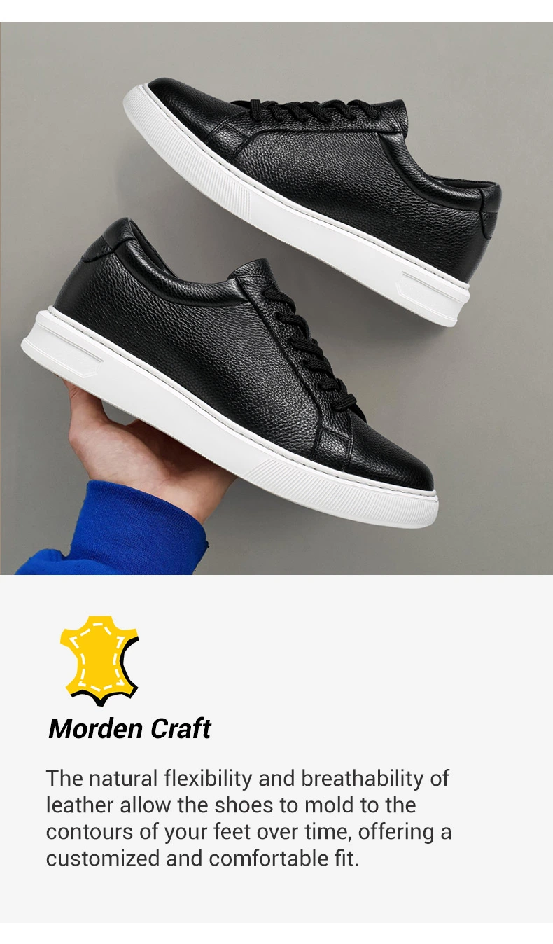 Men's Height Increase Casual Shoes - Black Cowhide Leather Men's Height Increasing Sneakers 5cm   02
