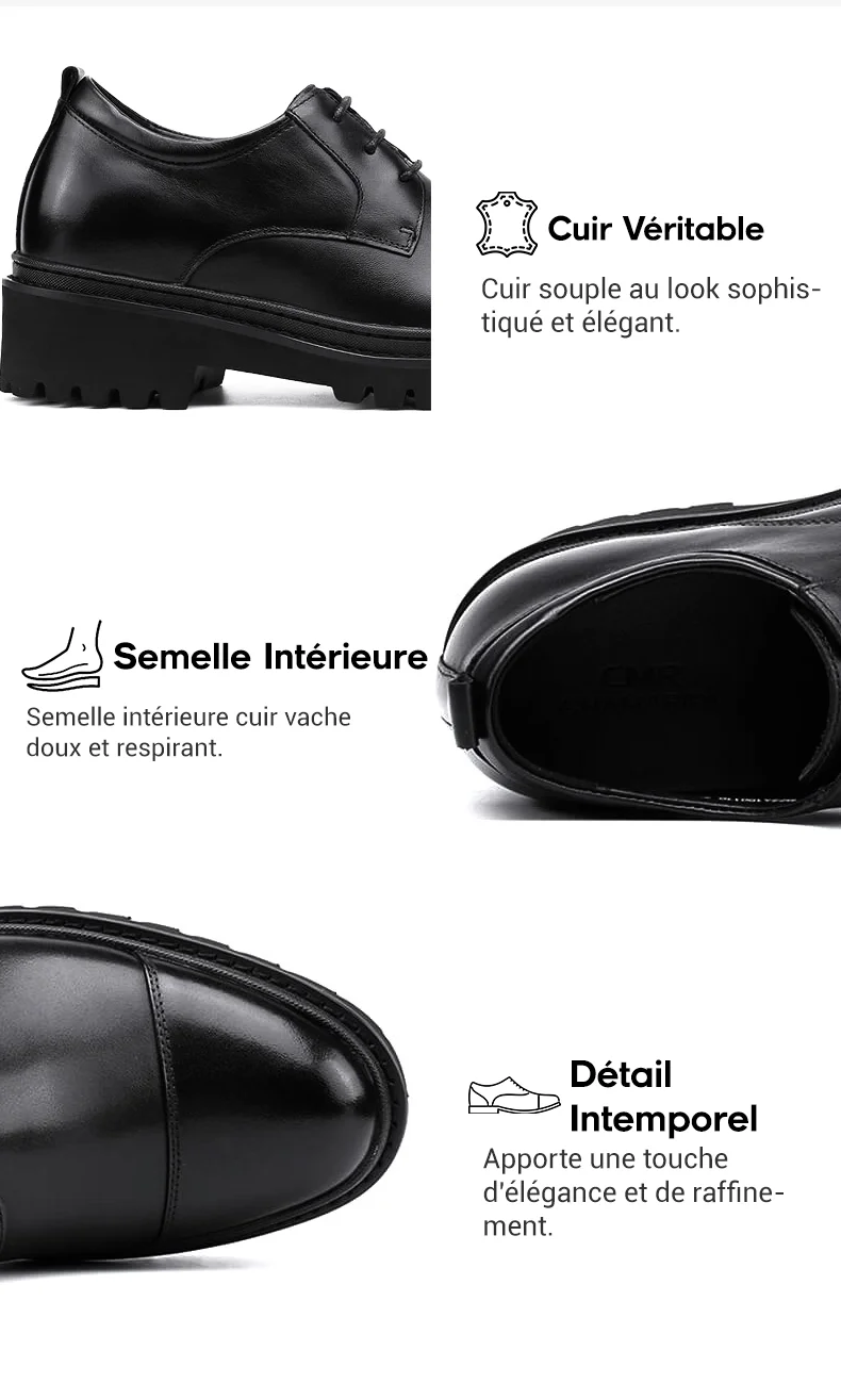 Chaussures Oxford Rehaussantes Invisibles Homme - +6 Cm, Cuir, Lacets, Antidérapantes, Pour Travail Et Marche