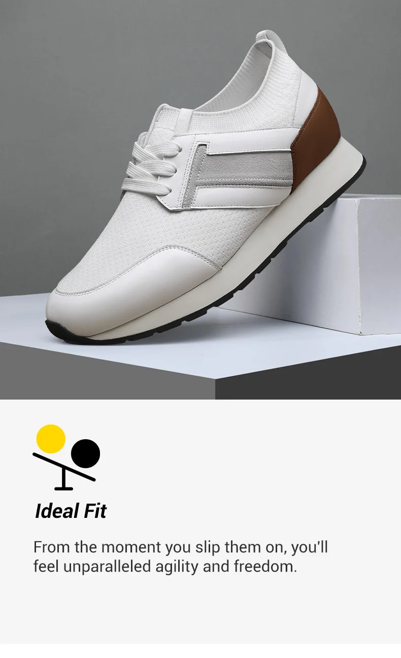 Men's Elevator Sneakers - White Cowhide Leather Casual Height Increasing Sports Shoes 7CM / 2.76 Inches     01