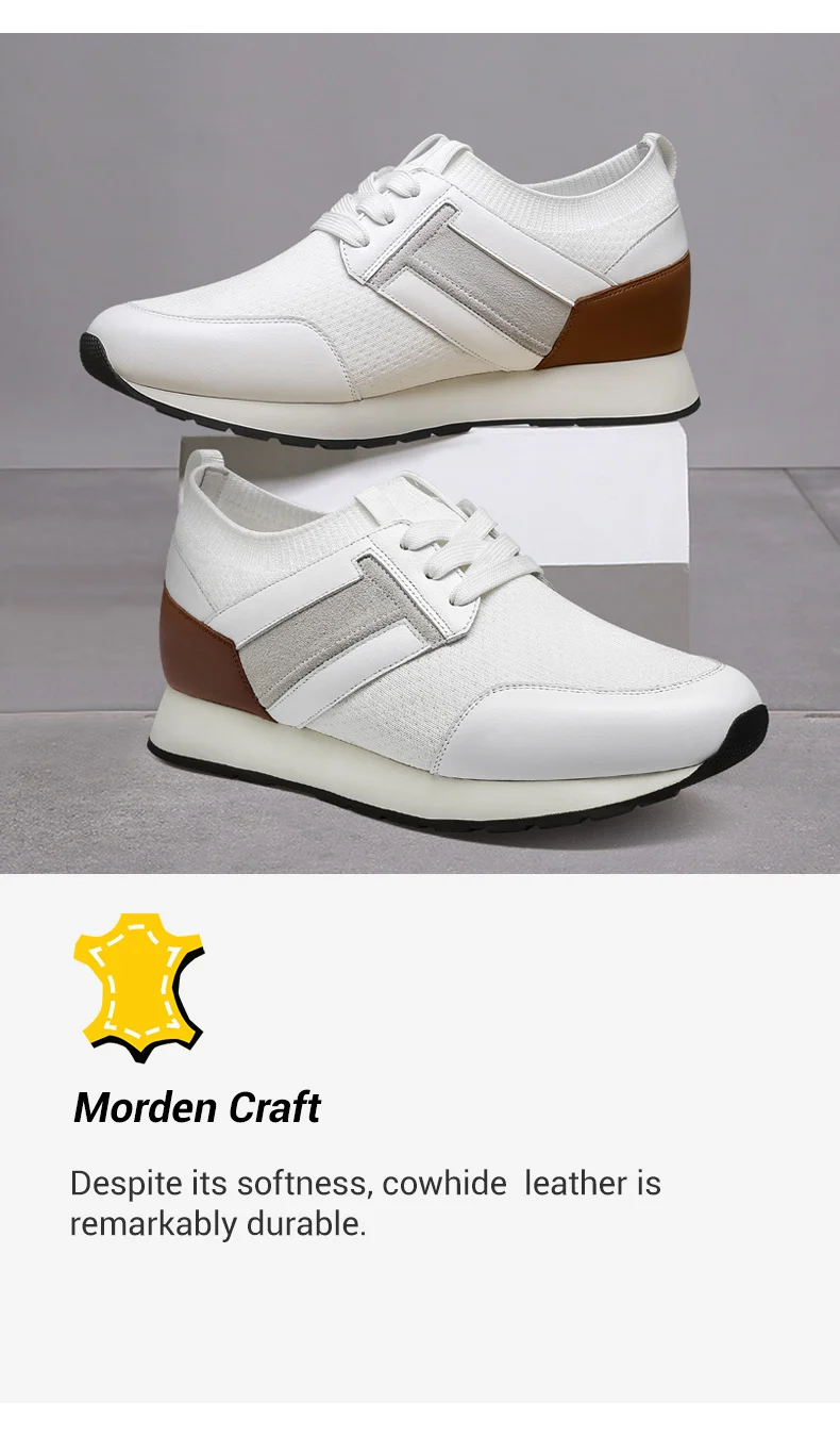 Men's Elevator Sneakers - White Cowhide Leather Casual Height Increasing Sports Shoes 7CM / 2.76 Inches     02
