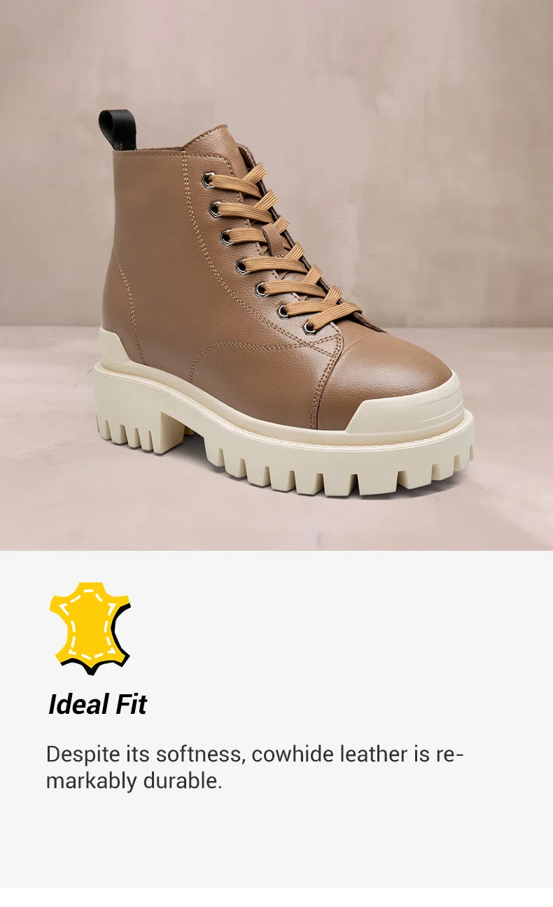 Elevator Boots For Women - Height Increasing Shoes For Women - Khaki Cowhide Leather Height Increasing Shoes 3.15 Inches     01