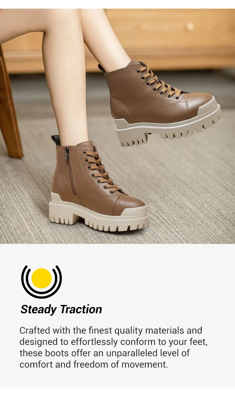 Elevator Boots For Women - Height Increasing Shoes For Women - Khaki Cowhide Leather Height Increasing Shoes 3.15 Inches     03