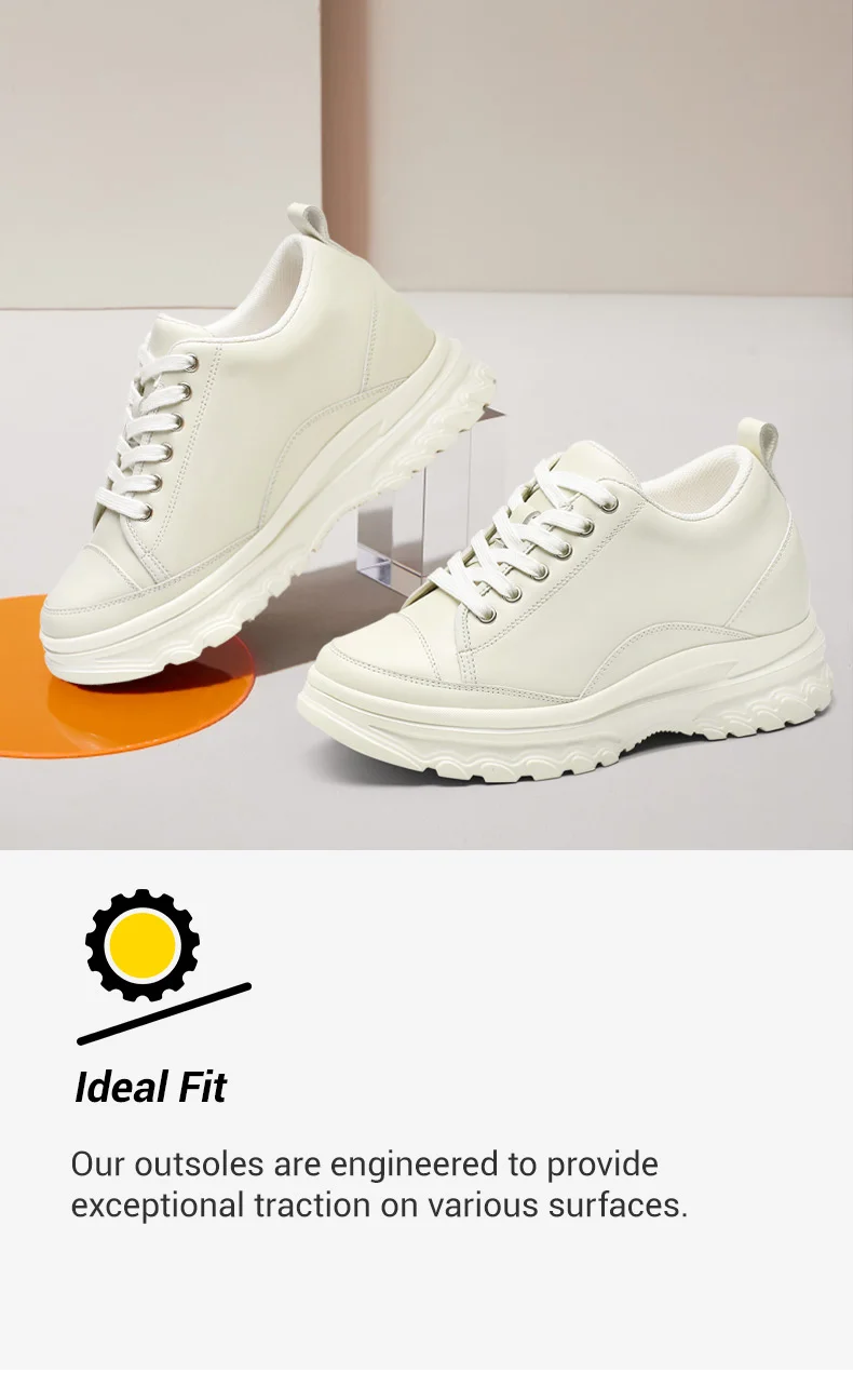 Height Increasing Sneakers - Off White Cowhide Leather Casual Elevator Shoes For Women 8 CM / 3.15Inches     01