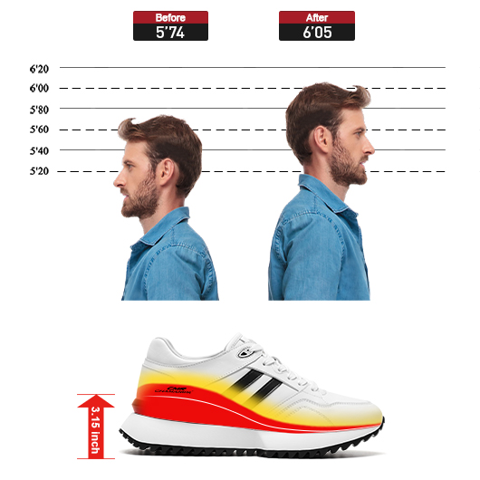 Men's Casual Height Increasing Sneakers | White Leather Raised Heel Shoes 8CM / 3.15 Inches