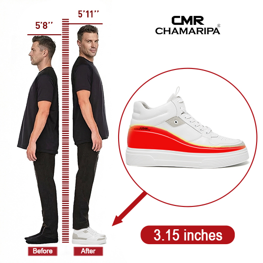 Men's Shoes With Higher Heels | White Leather High-Top Sneakers 8CM / 3.15 Inches