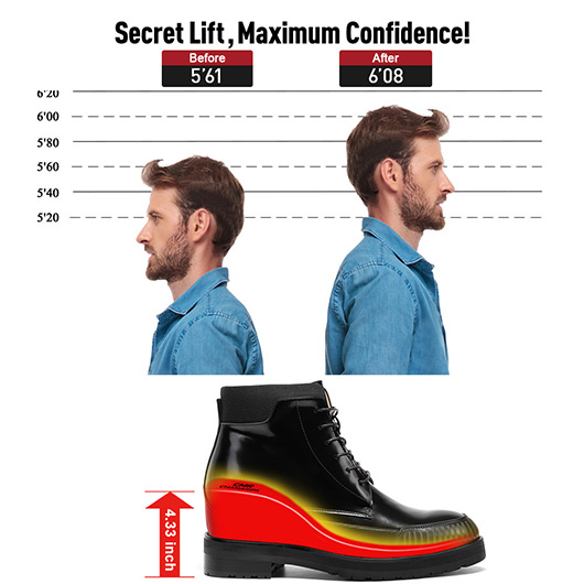 Men's Height Increasing Boots - Black Glossy Leather Elevator Work Boots 11CM / 4.33 Inches