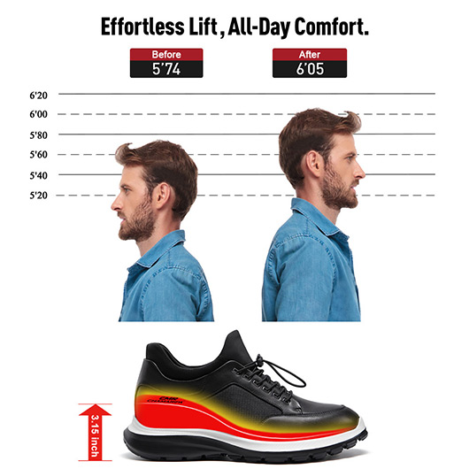 Men's Shoes With Higher Heels - Black Leather Casual Elevator Sneakers 8CM / 3.15 Inches