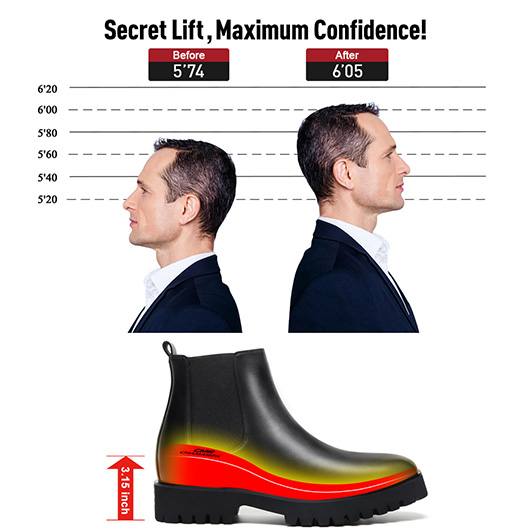 Men's Elevator Chelsea Boots - Black Leather Business Casual Boots 8CM / 3.15 Inches