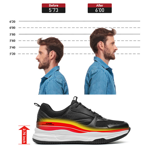 breathable men's black height increase sports shoes sneakers that make you taller 2.76 Inches / 7CM