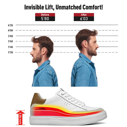 height increasing casual shoes sneakers - white men's leather casual lift shoes 2.36 inches / 6cm
