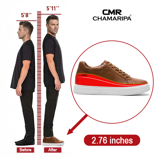 Men's Elevator Shoes | Brown Leather Daily Sneakers 7 CM / 2.76 Inches