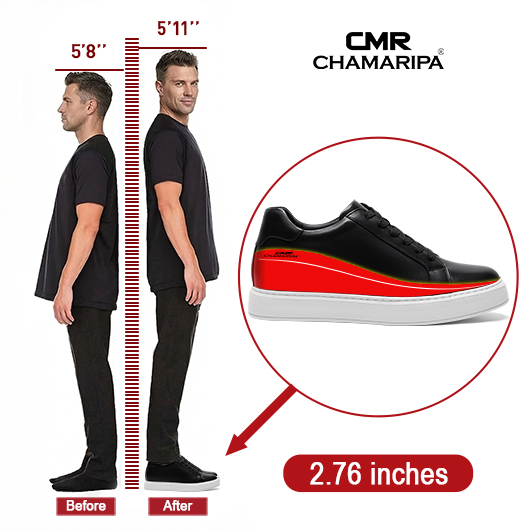 Elevator Sneakers For Men | Black Leather Casual Shoes 7 CM / 2.76 Inches