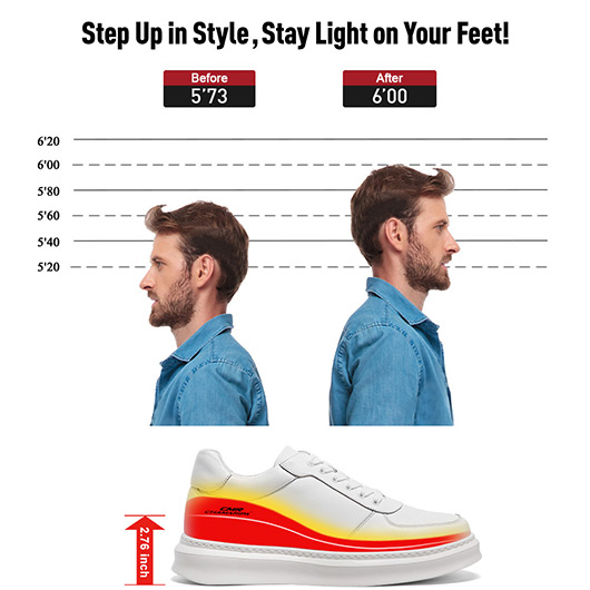 Men's Shoes With Higher Heels - White Leather Casual Sneakers 7CM / 2.76 Inches