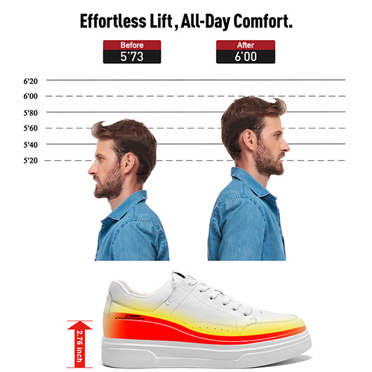 Men's Elevator Sneakers - White Leather Casual Height Boosting Shoes 7CM / 2.76 Inches