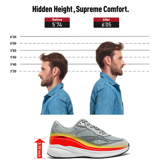 Men's Invisible Height Increase Shoes - Grey Mesh Casual Elevator Shoes 8CM / 3.15 Inches