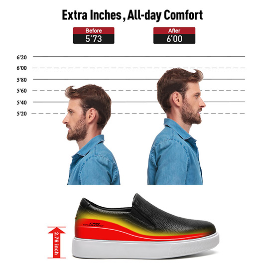 Men's Height Increasing Loafers - Black Leather Slip-On Casual Shoes 7CM / 2.76 Inches