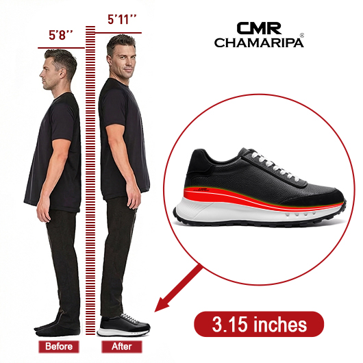 Men's Height Increasing Shoes for Men | Black Leather Casual Elevator Sneakers 8CM / 3.15 Inches