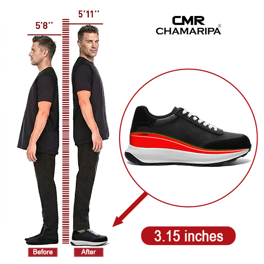 men sneakers that make you taller | Black leather Trainers 3.15 Inches 
