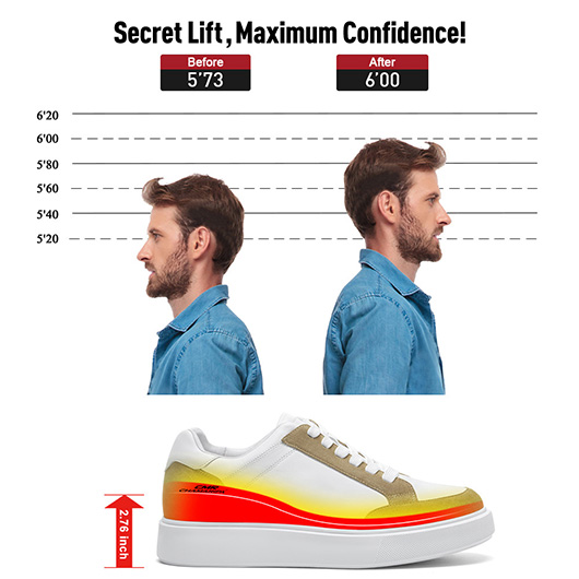 Men's Invisible Elevator Shoes - White Soft Leather Everyday Casual Shoes 7CM / 2.76 Inches