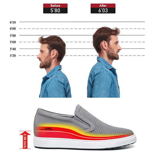 Grey Nubuck Elevator Shoes For Men - Men's Casual Slip-On Shoes to get taller 6 CM