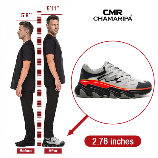 Men's Hidden Heel Shoes | Grey Casual Elevator Sneakers 7CM / 2.76 Inches