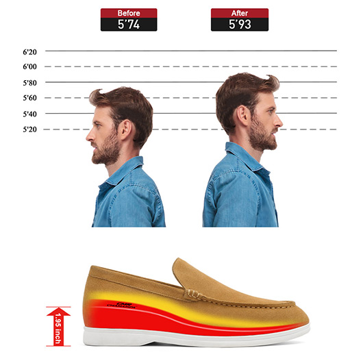 Hidden Heel Shoes for Men - Brown Suede Apron toe Loafer Shoes that Make You Taller 5 CM / 1.95 Inches