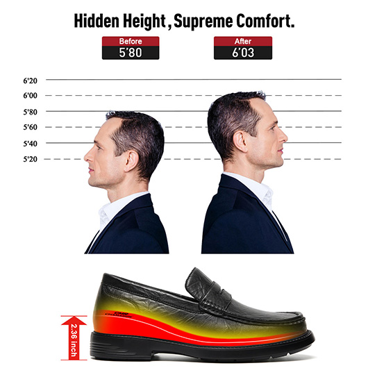 Men's Invisible Height Increasing Loafers - Black Leather Business Casual Shoes 6CM / 2.36 Inches