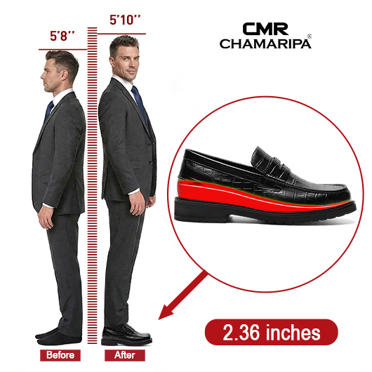  Men's Elevator Shoes | Black Crocodile Embossed Leather Penny Loafers 6 CM / 2.36 inches