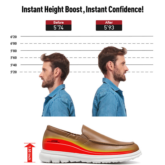 Men's Casual Height Increasing Shoes - Brown Leather Elevator Loafers 5CM / 1.95 Inches