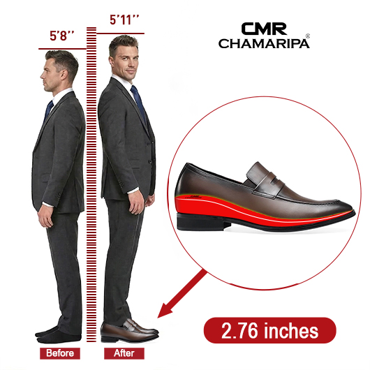 CHAMARIPA Height Increasing Shoes Formal Tall Men Shoes Khaki Slip on Penny Loafers 7 CM / 2.76 Inches Taller