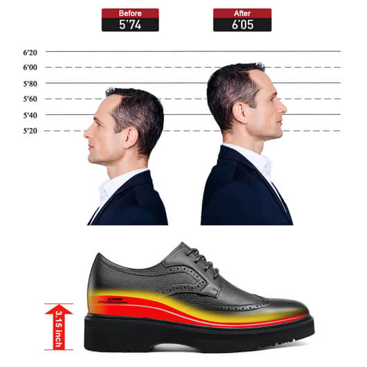 Tall Men Shoes - Height Elevator Shoes For Men - Black Brogue Derby Shoes 8 CM / 3.15 Inches