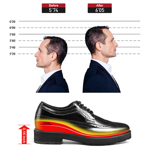 height increasing shoes for men - shoe lifts to increase height - black leather brogue shoes men's business dress shoes 3.15 Inches / 8 CM