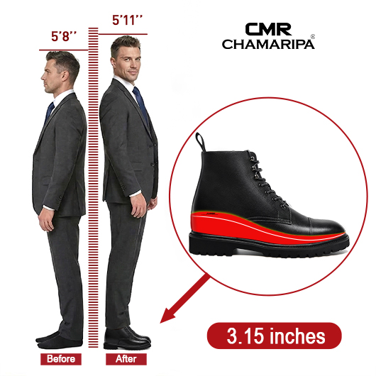 Mens' Dress Boots With High Heels - Black Leather Derby Boots 8CM / 3.15 Inches