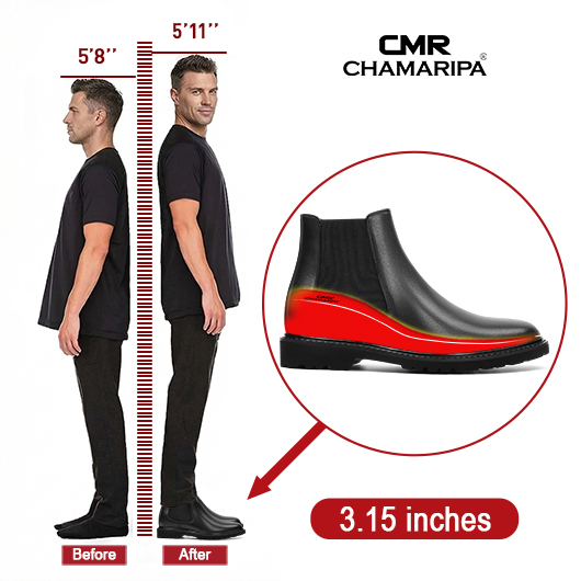 Mens Elevator Boots - Black Leather Men's Chelsea Boots 3.15 Inches / 8CM