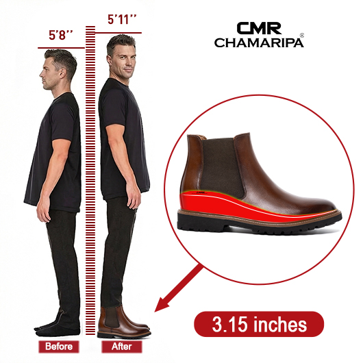 Men's Height Increasing Boots - Brown Leather Elevator Chelsea Boots 8CM / 3.15 Inches
