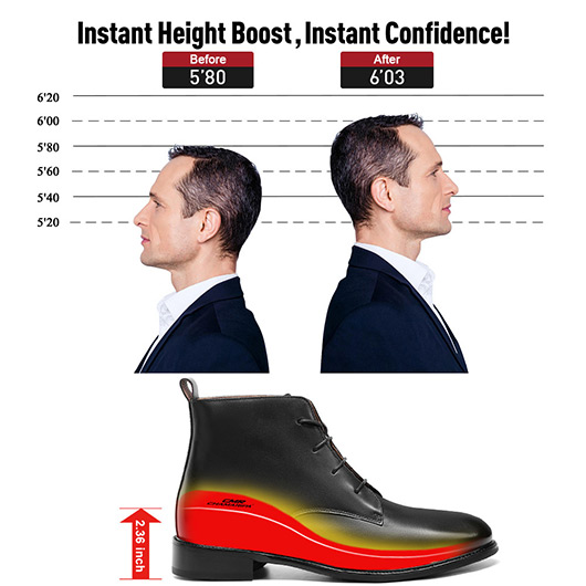 Men's Elevator Boots – Black Premium Leather Hidden Lift Shoes 6CM / 2.36 Inches