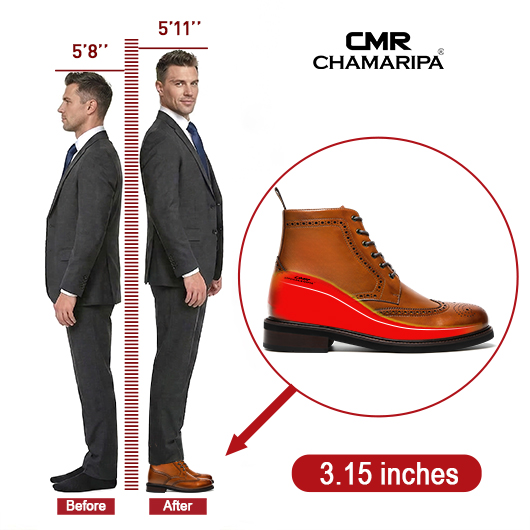 Men's Dress Boots With High Heels - Brown Antiqued Leather Brogue Boots 8CM / 3.15 Inches