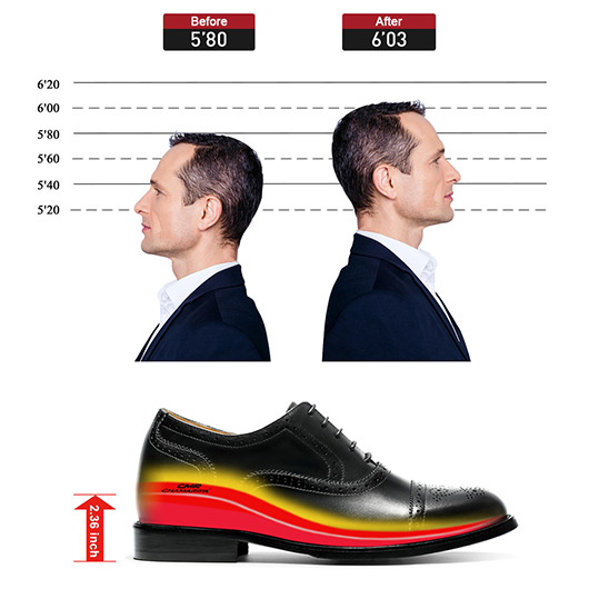 Men's Height Increasing Dress Shoes - Black Calfskin Elevator Shoes For Men 2.36 Inches / 6 CM