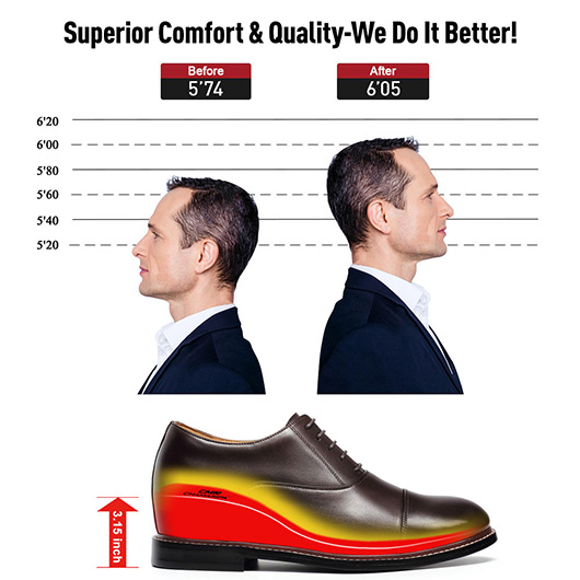 Men's Elevator Dress Shoes - Coffee Leather Classic Oxford Shoes 8CM / 3.15 Inches