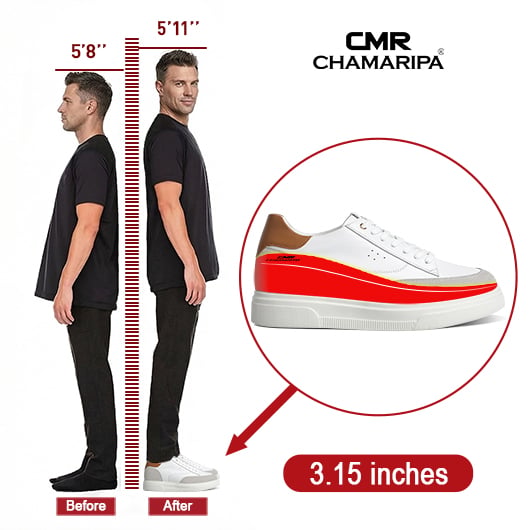 Elevator Shoes For Men - White Leather Casual Taller Shoes 8CM / 3.15 inches