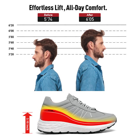 Men's Invisible Height Increase Shoes - Gray Leather Casual Elevator Sneakers 8CM / 3.15 Inches