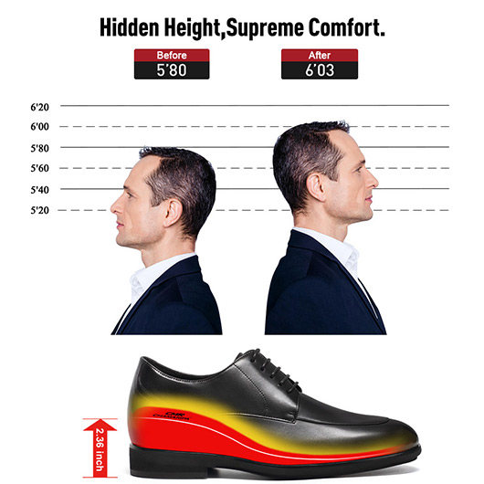 Men's Elevator Dress Shoes - Black Calfskin Lace-Up Derby Shoes 6CM / 2.36 Inches