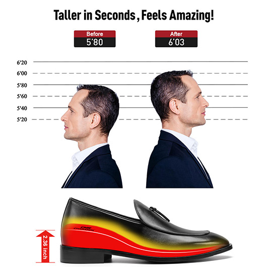 High Heel Men Dress Shoes - Black Calfskin Leather Slip On Loafer Shoes 2.36 Inches / 6CM