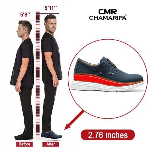 Casual Elevator Shoes For Men | Navy Blue Nubuck Leather Casual Derby Shoes 7 CM / 2.76 Inches