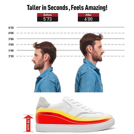 Men's Raised Heel Shoes - White Leather Casual Elevator Shoes 7CM / 2.76 Inches