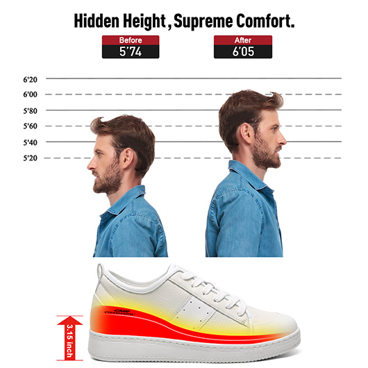Men's Invisible Height Increase Shoes - White Leather Everyday Casual Shoes 8CM / 3.15 Inches